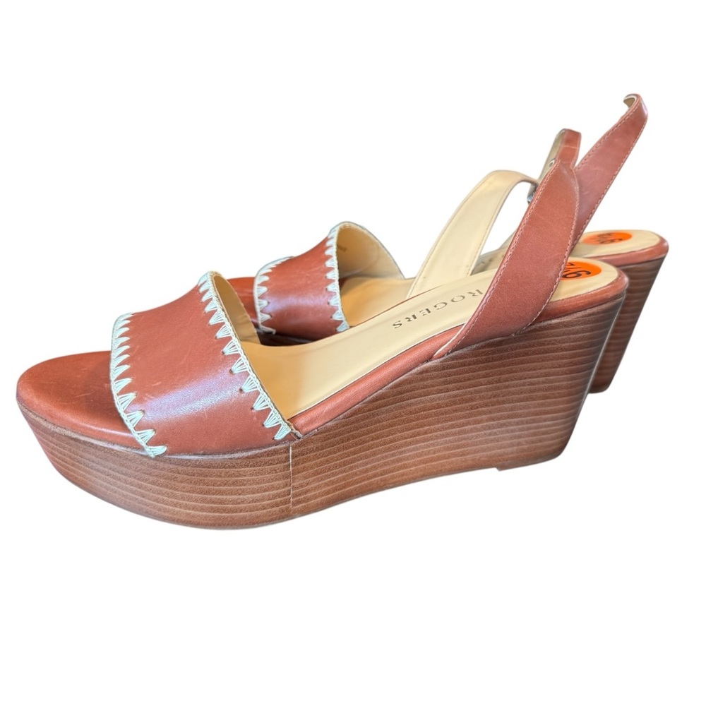 Jack Rogers Flagler Stitch 9.5 Wedge Sandals 9.5 Brown Heel